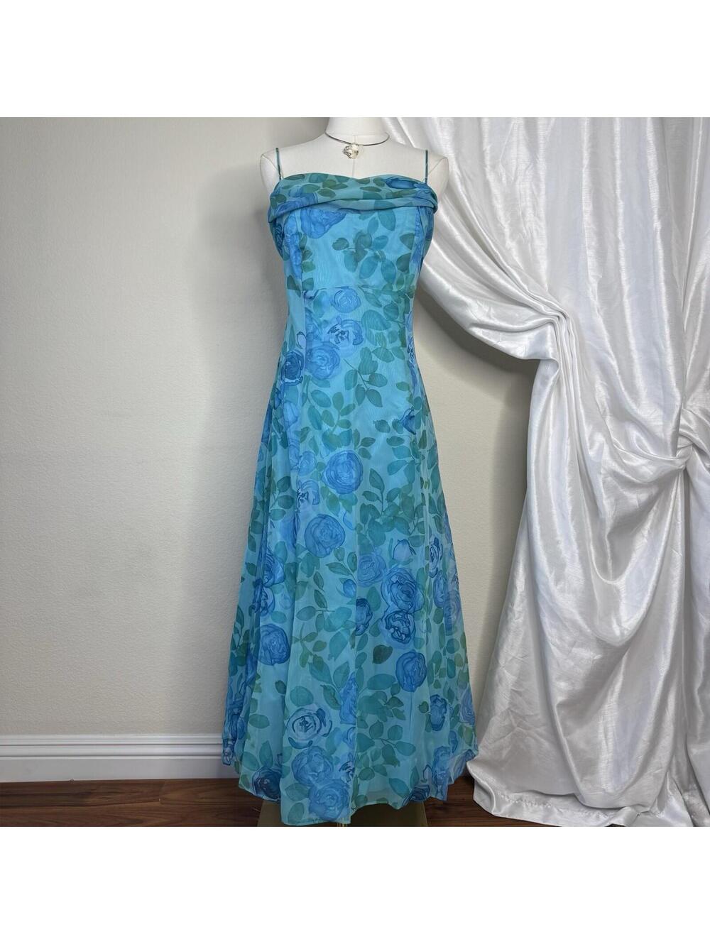 Vintage Betsy & Adam Maxi Dress Womens 12 Blue Floral Cowl Neck Fairy Gown